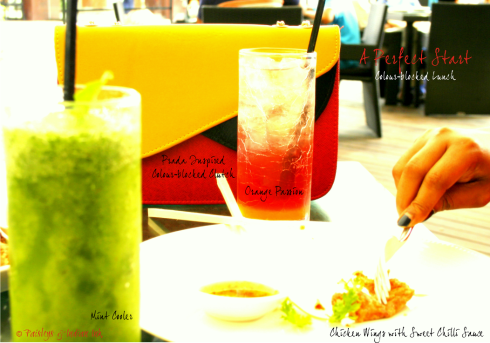 A Perfect Start, Colour blocked Lunch, Lime mint cooler, Orange Passion, strawberry, raspberry, ice, cold drink, crushed ice, chicken wings with sweet chilli sauce, Chinese lunch, thirst quenchers, summer delight