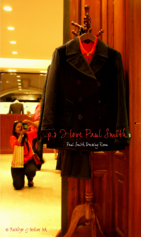 Paul Smith Dressing Room, Paul Smith, Paul Smith showroom, orange shirt, corduroy blazer suit, hanger stand, I love Paul Smith, double-breasted jacket, UB City Paul Smith showroom, Paul smith store